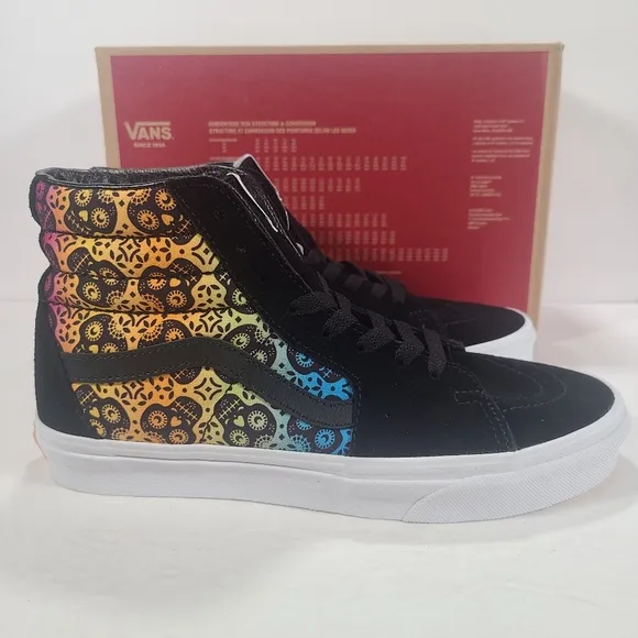 Vans Sk8-Hi Dia De Los Muertos Day Of The Dead Black Multi Sneakers Women's 9