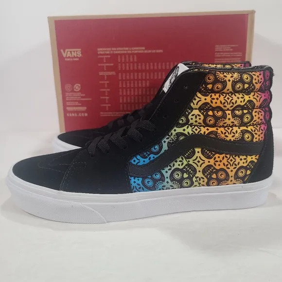 Vans Sk8-Hi Dia De Los Muertos Day Of The Dead Black Multi Sneakers Women's 9
