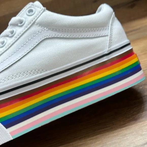 Vans Women's White Platform Sneakers with Rainbow Sole