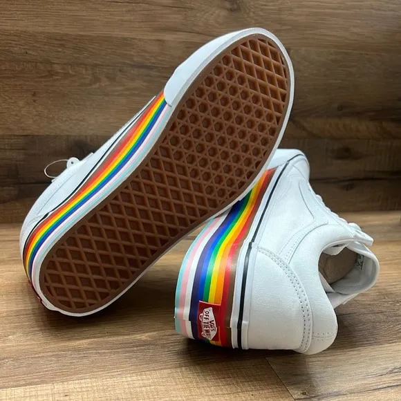 Vans Women's White Platform Sneakers with Rainbow Sole