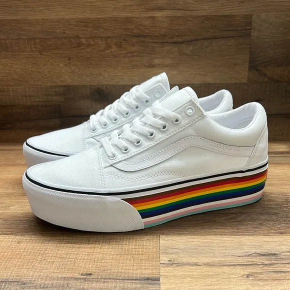 Vans Women's White Platform Sneakers with Rainbow Sole