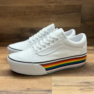 Vans Women's White Platform Sneakers with Rainbow Sole