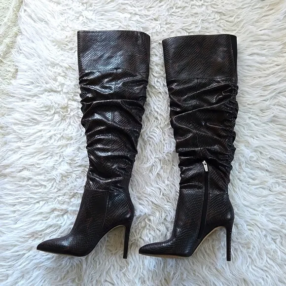 Vince Camuto Brown/Black Snakeskin OTK Kentelli Ruched Boots