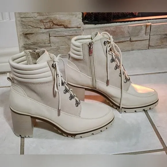 Vince Camuto Cream Lug Sole Hiking Combat Donenta Block Heel Bootie Boots Sz 10