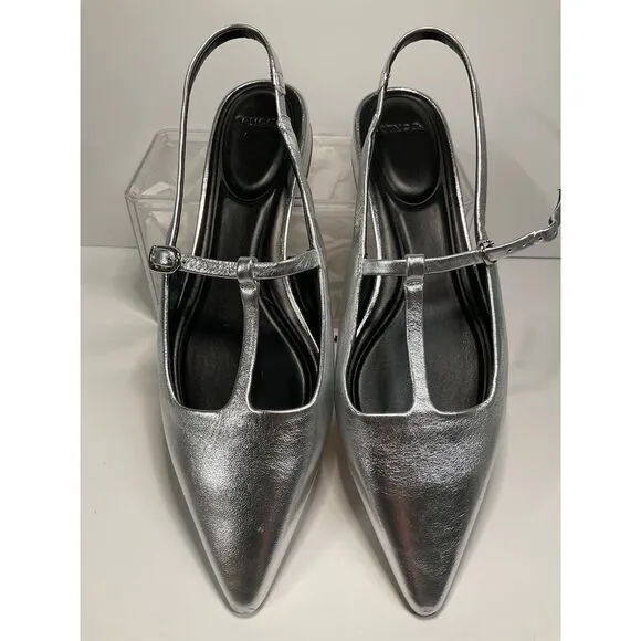 VINCE‎ Metallic Silver Pointed Toe Mary Jane Slingback Flats