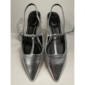 VINCE‎ Metallic Silver Pointed Toe Mary Jane Slingback Flats