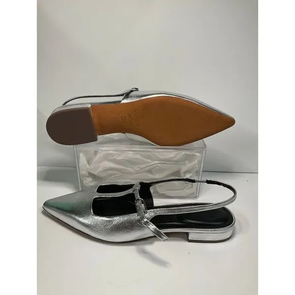 VINCE‎ Metallic Silver Pointed Toe Mary Jane Slingback Flats