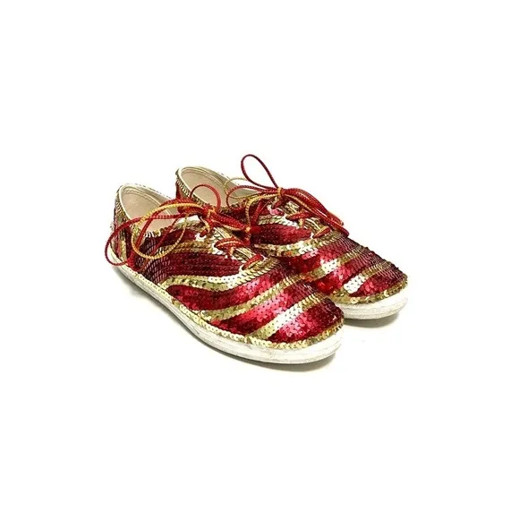 Vintage 1980s red and gold sequin canvas lace up party sneakers