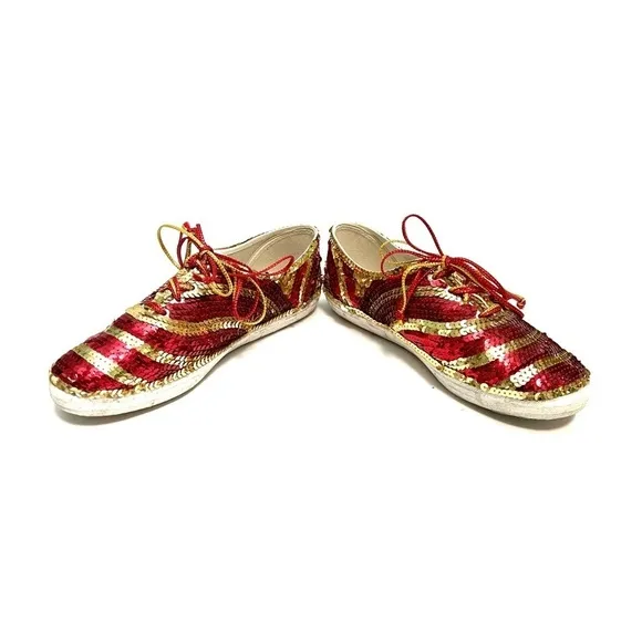 Vintage 1980s red and gold sequin canvas lace up party sneakers