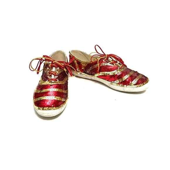 Vintage 1980s red and gold sequin canvas lace up party sneakers