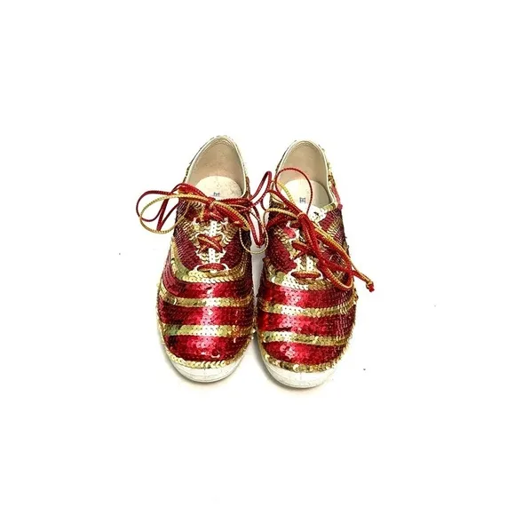 Vintage 1980s red and gold sequin canvas lace up party sneakers