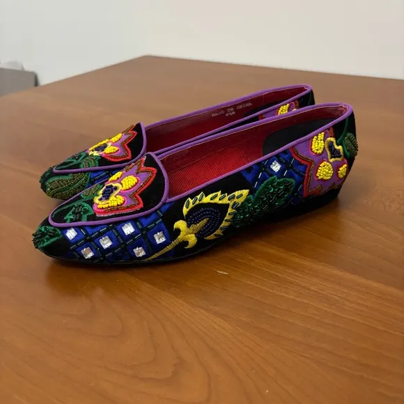 Vintage Beverly Feldman Frankie and Baby Flats Embroidered Floral Smoking Shoes