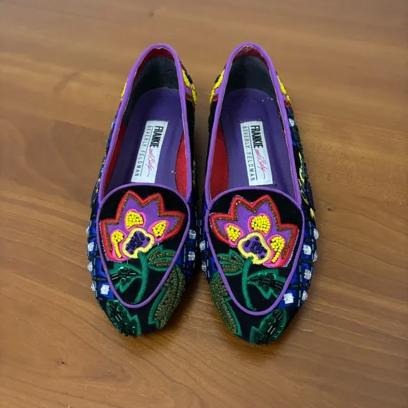 Vintage Beverly Feldman Frankie and Baby Flats Embroidered Floral Smoking Shoes