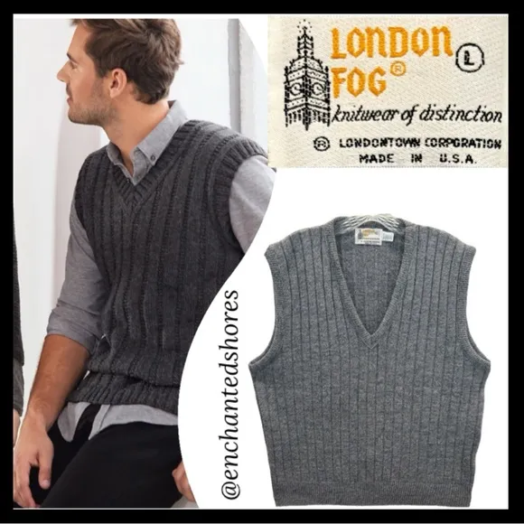 Vintage London Fog Sweater Vest Classic Ribbed Knit Made In The USA Gray Size L