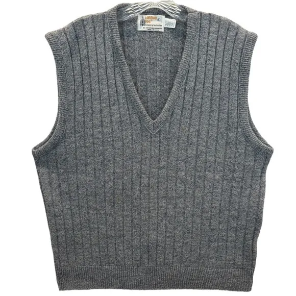 Vintage London Fog Sweater Vest Classic Ribbed Knit Made In The USA Gray Size L