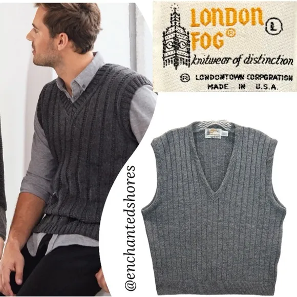 Vintage London Fog Sweater Vest Classic Ribbed Knit Made In The USA Gray Size L