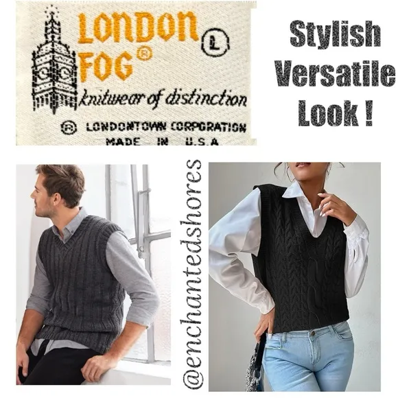 Vintage London Fog Sweater Vest Classic Ribbed Knit Made In The USA Gray Size L