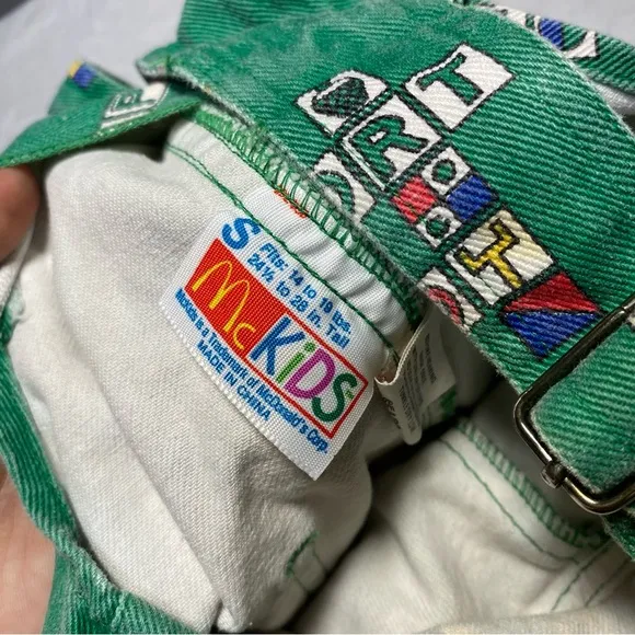 Vintage McKids McDonald’s Toddler Overalls! Block Sports Print Green Denim Sears