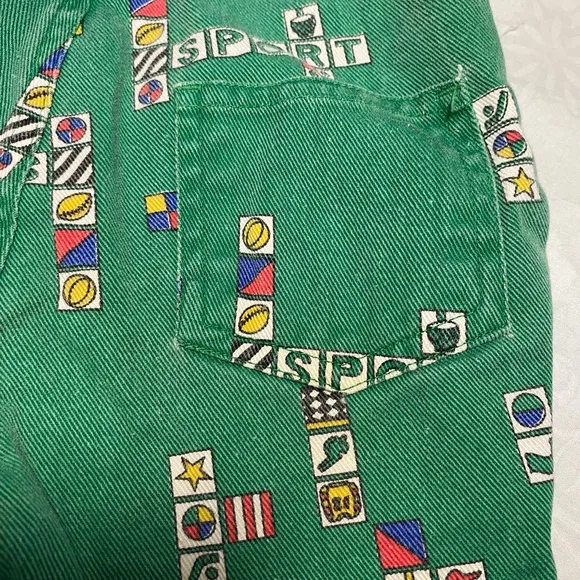 Vintage McKids McDonald’s Toddler Overalls! Block Sports Print Green Denim Sears