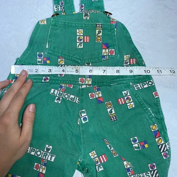 Vintage McKids McDonald’s Toddler Overalls! Block Sports Print Green Denim Sears