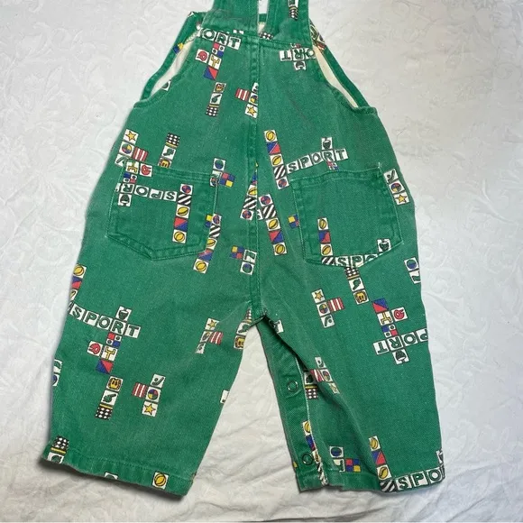 Vintage McKids McDonald’s Toddler Overalls! Block Sports Print Green Denim Sears