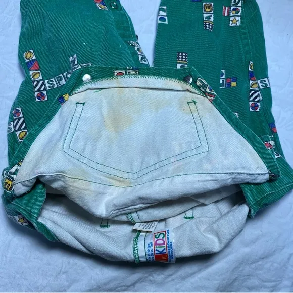 Vintage McKids McDonald’s Toddler Overalls! Block Sports Print Green Denim Sears