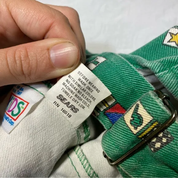 Vintage McKids McDonald’s Toddler Overalls! Block Sports Print Green Denim Sears