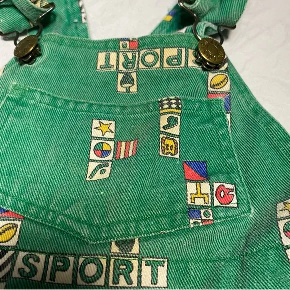 Vintage McKids McDonald’s Toddler Overalls! Block Sports Print Green Denim Sears