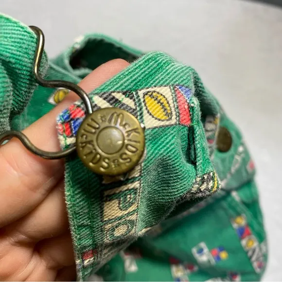Vintage McKids McDonald’s Toddler Overalls! Block Sports Print Green Denim Sears