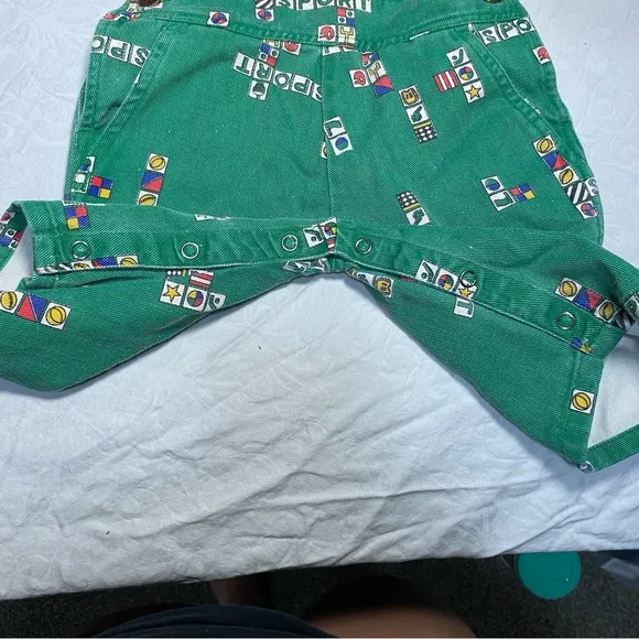 Vintage McKids McDonald’s Toddler Overalls! Block Sports Print Green Denim Sears