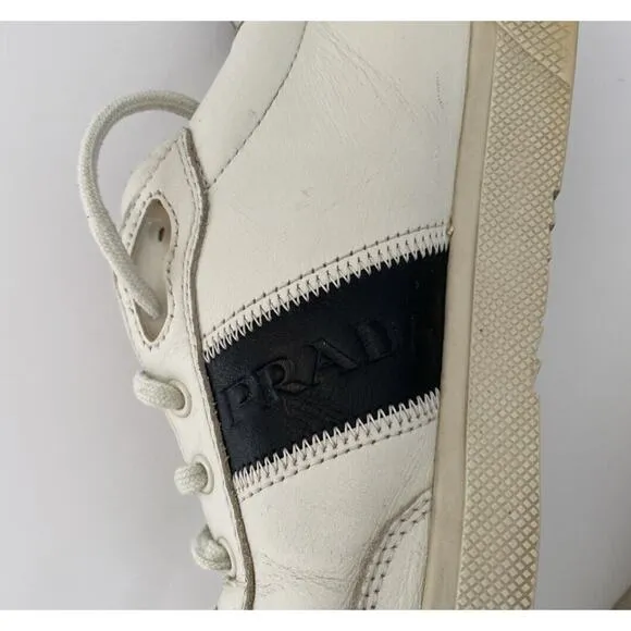 Vintage Prada Men’s Leather Shoes White With Black Stripe Size 9