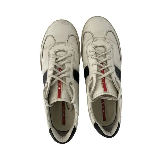 Vintage Prada Men’s Leather Shoes White With Black Stripe Size 9