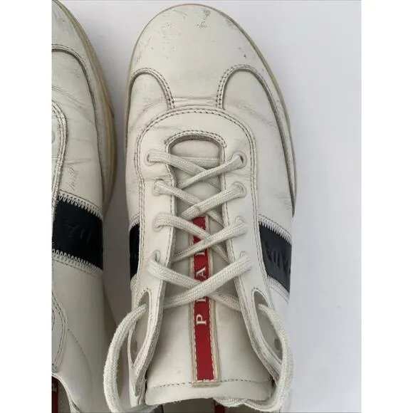 Vintage Prada Men’s Leather Shoes White With Black Stripe Size 9