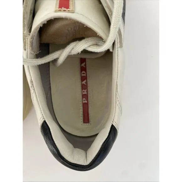 Vintage Prada Men’s Leather Shoes White With Black Stripe Size 9
