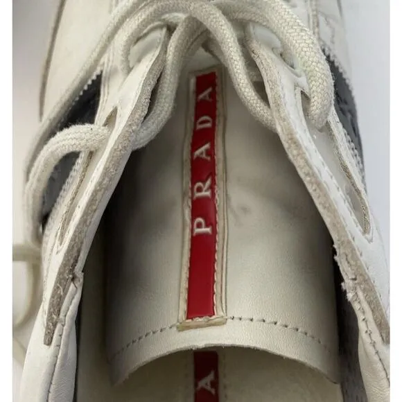 Vintage Prada Men’s Leather Shoes White With Black Stripe Size 9