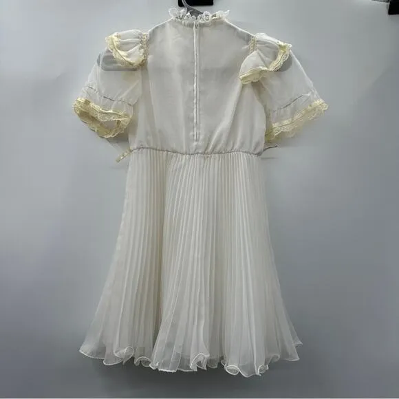 Vintage‎ Union Made 80s Frilly Ruffle Pleated Lace Short Sleeve Girls Dress Sz 7