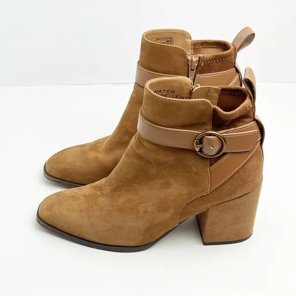 VIONIC Tenley Tan Suede Side Zipper Block Heel Arch Support Ankle Booties