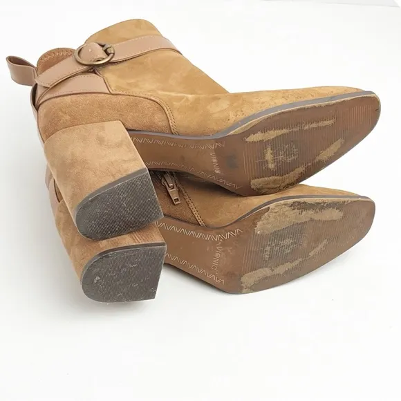 VIONIC Tenley Tan Suede Side Zipper Block Heel Arch Support Ankle Booties