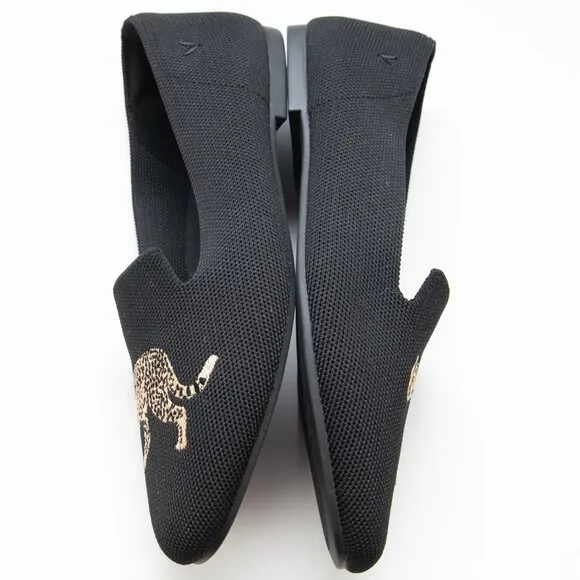Vivaia Audrey Round-Toe Embroidered Loafers Knit Washable Cheetah Black Size 40