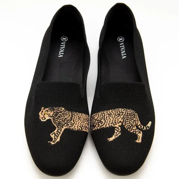 Vivaia Audrey Round-Toe Embroidered Loafers Knit Washable Cheetah Black Size 40