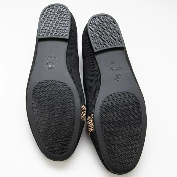 Vivaia Audrey Round-Toe Embroidered Loafers Knit Washable Cheetah Black Size 40
