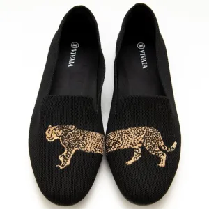 Vivaia Audrey Round-Toe Embroidered Loafers Knit Washable Cheetah Black Size 40