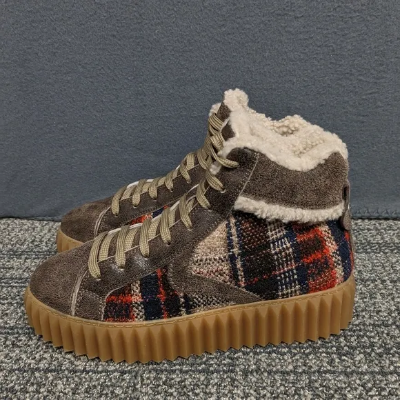Voile Blanche Brown Wool Leather Plaid High-Top Sneakers Size 38 Winter Booties