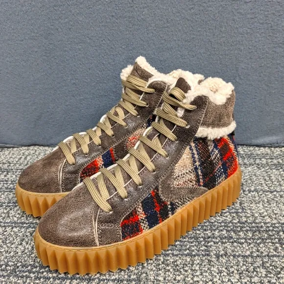 Voile Blanche Brown Wool Leather Plaid High-Top Sneakers Size 38 Winter Booties
