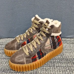 Voile Blanche Brown Wool Leather Plaid High-Top Sneakers Size 38 Winter Booties