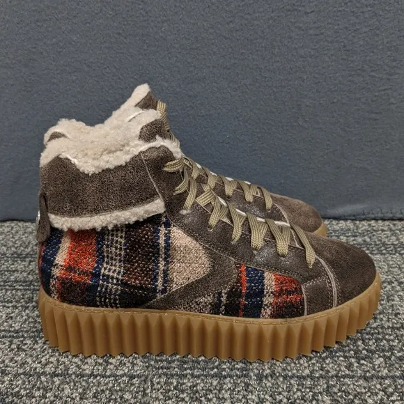 Voile Blanche Brown Wool Leather Plaid High-Top Sneakers Size 38 Winter Booties