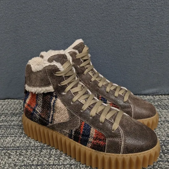 Voile Blanche Brown Wool Leather Plaid High-Top Sneakers Size 38 Winter Booties