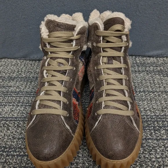 Voile Blanche Brown Wool Leather Plaid High-Top Sneakers Size 38 Winter Booties