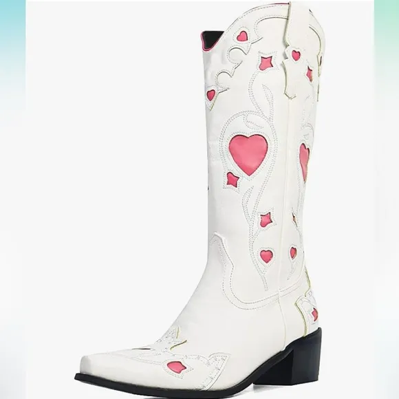 White heart cosmic barbie boots shoes snip toe dance western country cowboy new