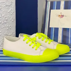 White neon yellow canvas lace up low top sneakers bamboo Sz 10